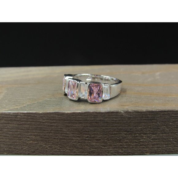 Size 6.25 Silver Tone Fancy Pink And Clear Cubic Zirconia Band Ring - Picture 3 of 7
